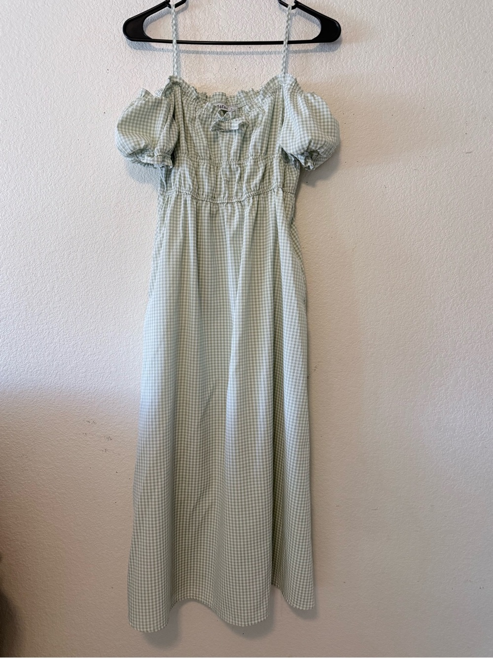 Aster women’s drees  Light Green Gingham Smocked Midi Dress 0297